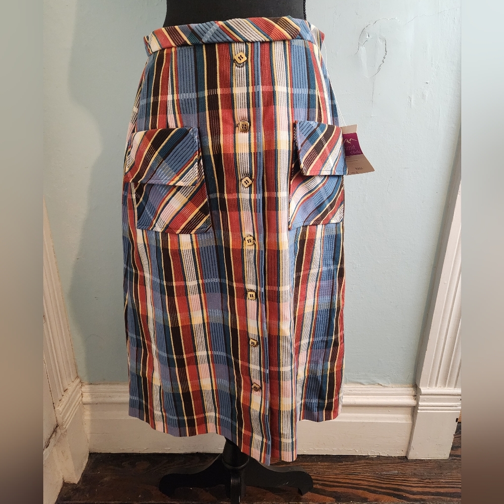 NWT Vintage 1970s Summit Of Boston Plaid Small Wale Corduroy Midi Skirt 30"